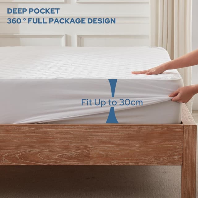 Detalle 2 de BEDLORE Double Mattress Protector Waterproof (White) with Extra-Deep Fitted, Brushed Microfibre & TPU Layer