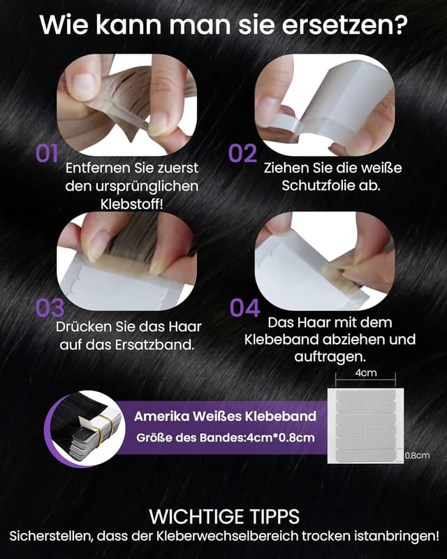 Detalle de LaaVoo Tape Extensions Echthaar Schwarz 45 cm (20 Stück, 50 g) – Tape-in Echthaar für natürliche Längen