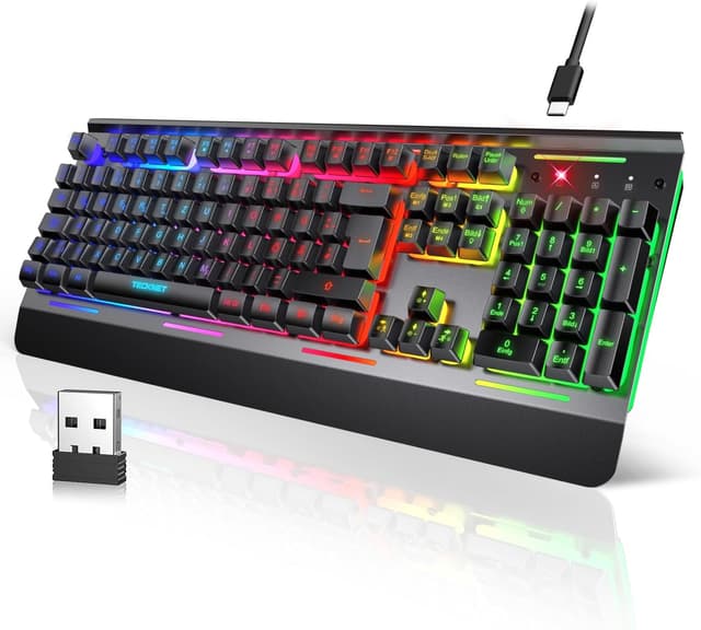 Detalle de TECKNET Gaming-Tastatur kabellos (QWERTZ, deutsches Layout) mit RGB, 105 Tasten und Handgelenkauflage