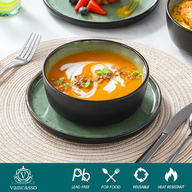 Detalle de vancasso AMBER Series Turf Green Stoneware Dinnerware Set (24-Piece: Plates & Bowls) — Microwave & Dishwasher Safe