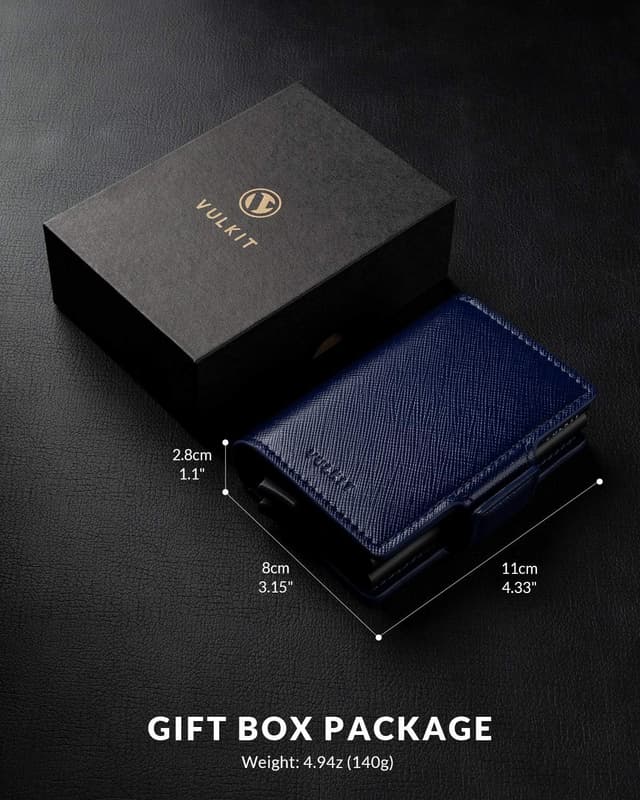 Detalle 2 de VULKIT Double Credit Card Holder RFID Blocking Pop Up Metal Card Holder Leather Wallet with Magnetic Closure