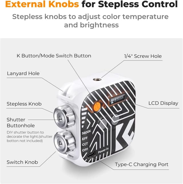 Detalle de K&F CONCEPT Magnetic Camera Light (15 effects) 2500K–9900K CRI 96+ Rechargeable LED Fill Light, White