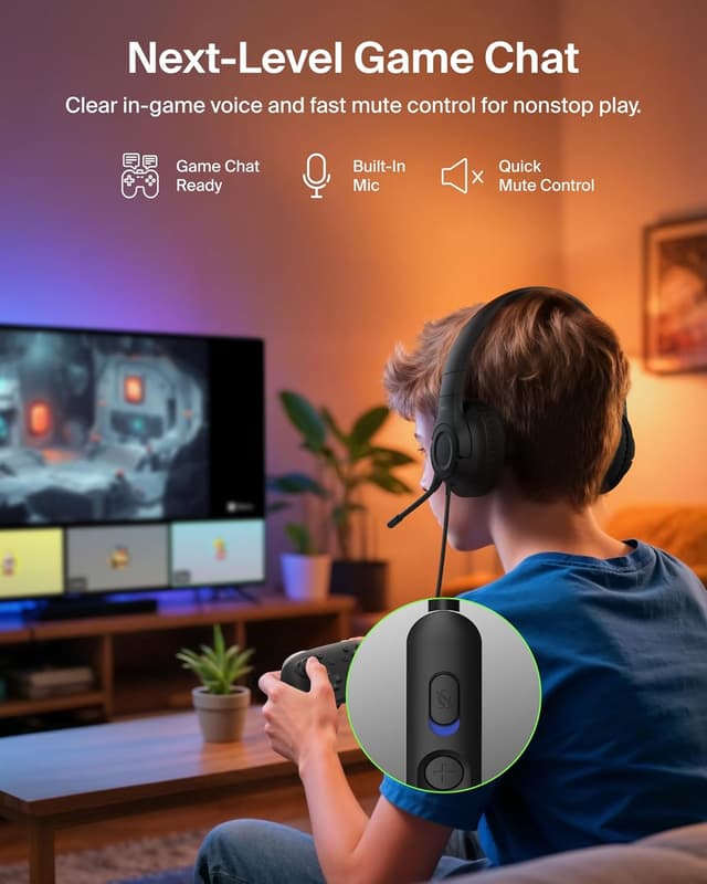 Detalle de Belkin Gaming Inspire Kids Wired Headphones with USB-C Dongle (85dB safe volume limit) – Black