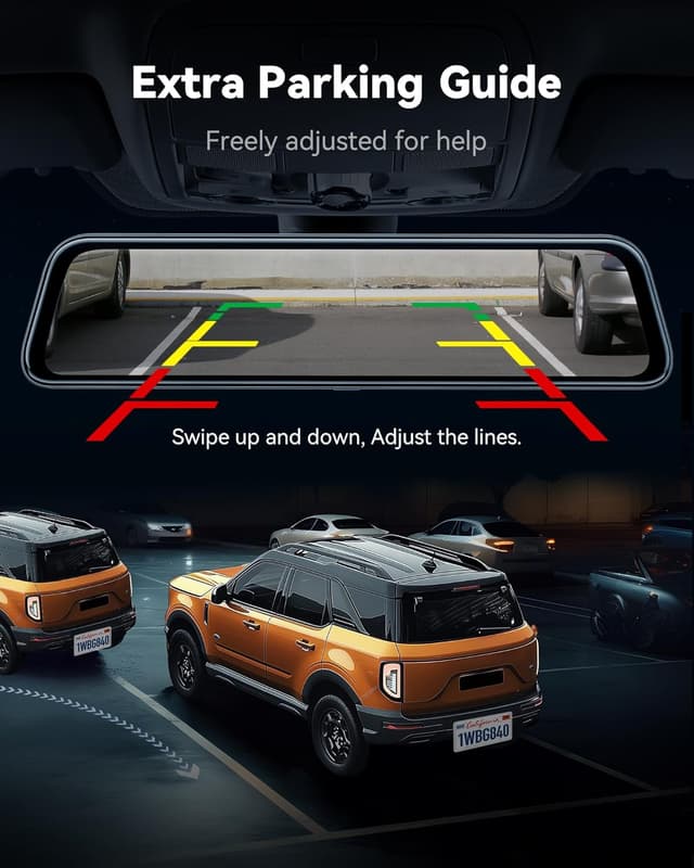 Detalle de WOLFBOX G840S 12" Spiegel-Dashcam mit 4K & Rückfahrkamera (5,8‑GHz WiFi) und GPS