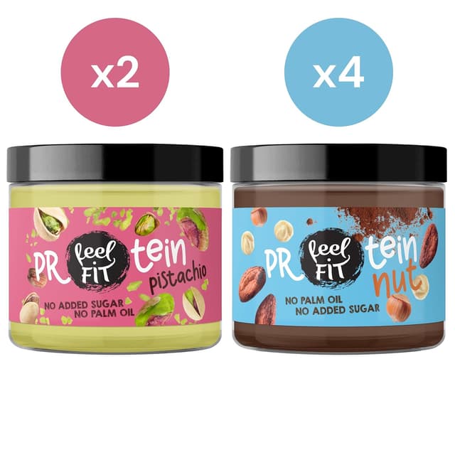 Detalle de Feel Fit Protein Creme Mix – Pistazie & Nuss Kakao-Haselnuss Aufstrich, 6×200 g, ohne Zuckerzusatz