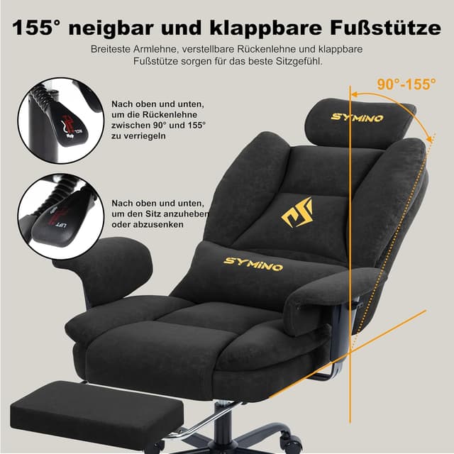 Detalle 2 de Symino Gaming-Stuhl Chefsessel: ergonomischer Bürostuhl mit Fußstütze und 90–155° Rückenlehne