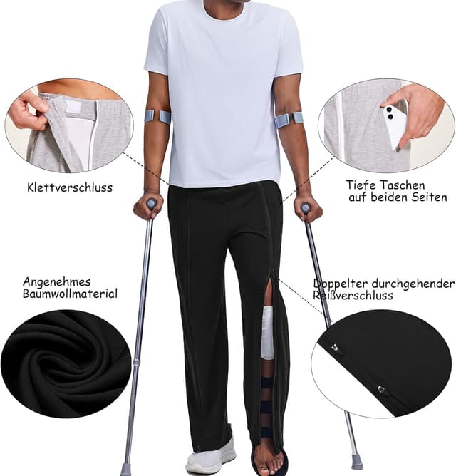 Detalle 2 de PINSPARK Reha Hose für Herren – Lang-Sporthose mit durchgehendem Reißverschluss und Baumwolle