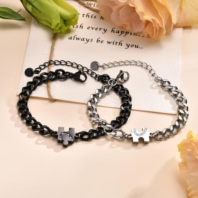 Detalle de Gamtic Partner-Armbänder im Yin-Yang-Puzzle-Design (verstellbare Edelstahl-Panzerkette) – Paararmband als Geschenk