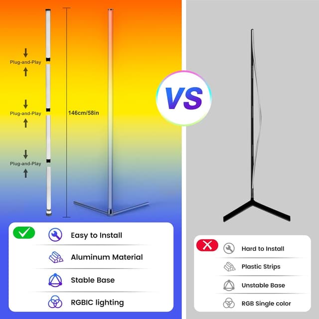 Detalle 2 de Riyo corner floor lamp — smart LED RGB with app & remote, music sync and adjustable height