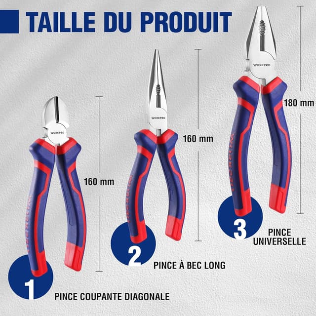 Thumbnail 1 de WORKPRO Jeu de 3 pinces en acier carbone — 160/185 mm