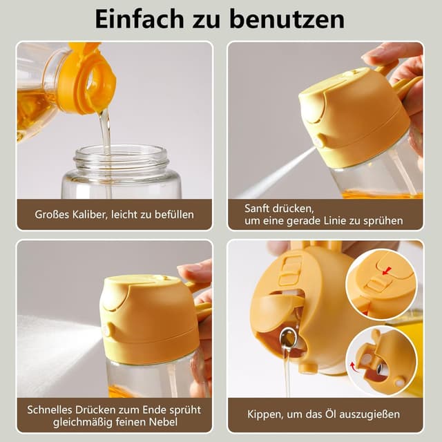 Detalle 2 de SWEET VIEW 2-in-1 Ölsprüher und Ölspender mit Glasflasche, 470 ml (gelb) – zum Kochen, Grillen & Heißluftfritteuse