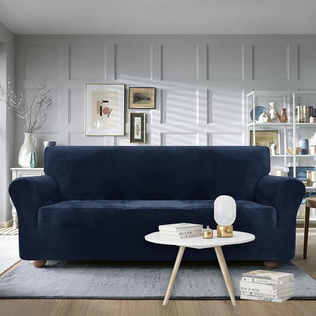 Detalle 2 de Ystyle Housse de canapé en velours extensible 3 places bleu foncé