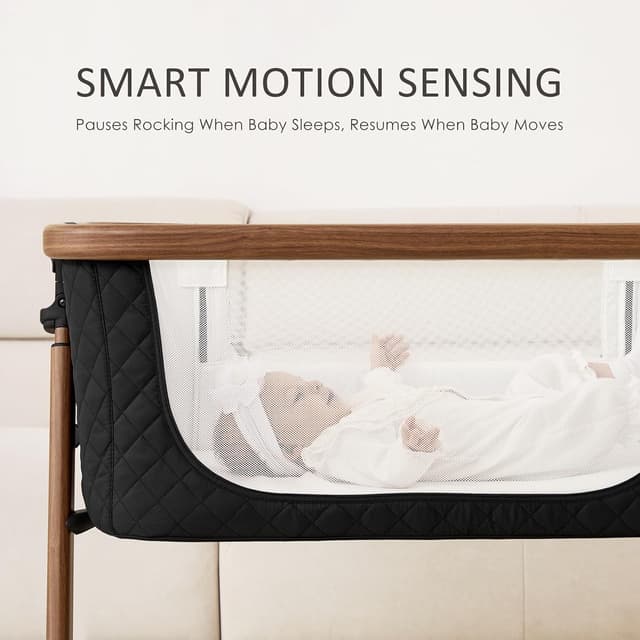 Detalle de ANGELBLISS Electric Baby Bassinet Bedside Sleeper with Auto Rocking (Remote/Touch), 12 Sounds, 6 Heights, Storage & Wheels (Black) with Breathable Mesh