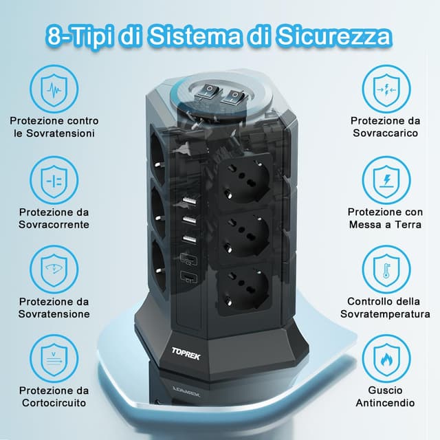 Detalle 2 de TOPREK Ciabatta Multipresa Verticale con 12 prese ITA 10/16A, Schuko e 5 porte USB (2 USB-C 20W PD + 3 USB-A) con cavo 2 m