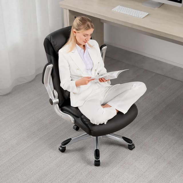 Detalle 2 de COMHOMA Bürostuhl ergonomisch mit S-förmiger Rückenlehne, Wippfunktion und klappbaren Armlehnen – Schwarz