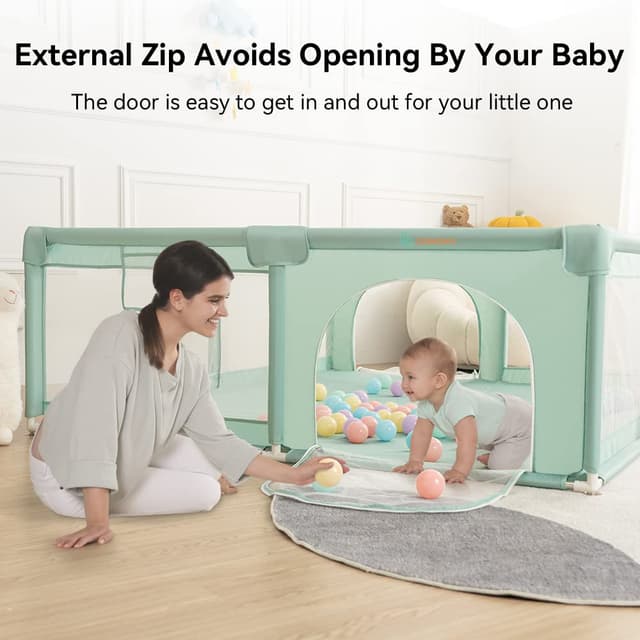 Thumbnail 6 de COMOMY Laufstall Baby XXL 180×200×66 cm mit 50 Bällen, Mini-Körbchen und 4 Zugringen – Grün