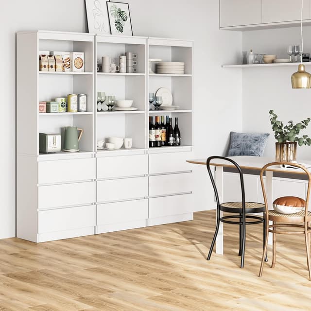 Detalle de FirFurd bibliothèque haute autoportante blanche avec 3 étagères et 3 tiroirs (60 x 35 x 180 cm)