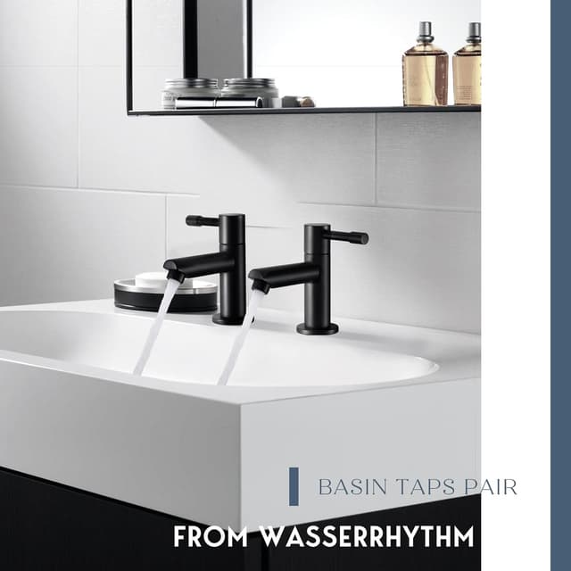 Detalle de Wasserrhythm Basin Pillar Taps Pair (Black) – Twin bathroom sink mono 2‑piece cloakroom faucets, matte black stainless steel, lead-free