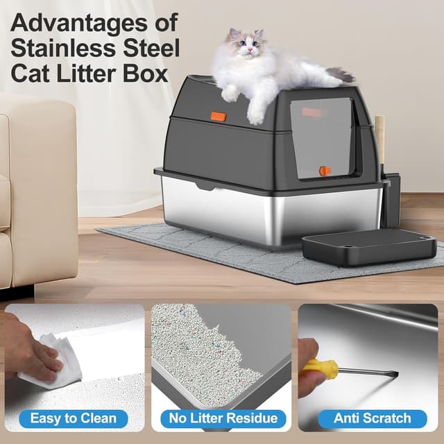 Thumbnail 6 de Stainless Steel Litter Box with Lid — Extra-Large Enclosed Metal Cat Litter Box (Front Entry / Top Exit) with Scoop & Litter Mat