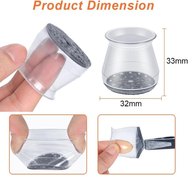 Detalle 1 de GICUNK 32pc Transparent Silicone Chair Leg Floor Protectors with Felt Pads (Small fit 23–32.9mm)