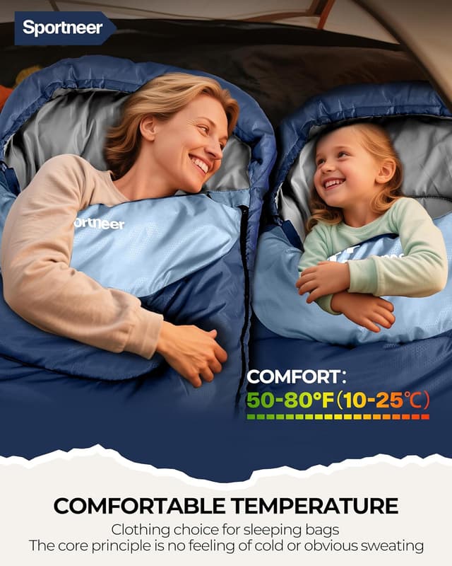 Detalle 2 de Sportneer Camping Sleeping Bag for Adults & Kids (3–4 Season, Warm Weather) – Lightweight Compact 220×80cm