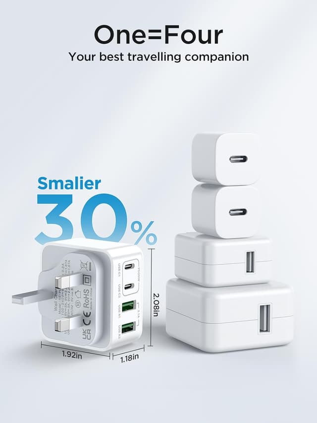 Detalle 2 de USB C Plug UK 40W 4-Port Fast Charge Multi USB Charger (Dual PD + QC3.0)