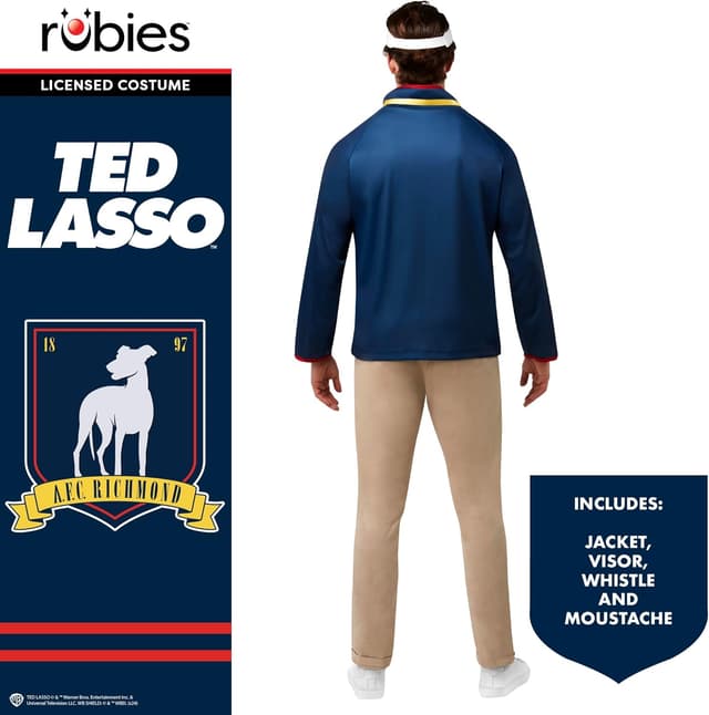 Detalle 2 de Rubie’s Ted Lasso Kostüm-Set für Erwachsene – mit Jacke, Schnurrbart und Visier