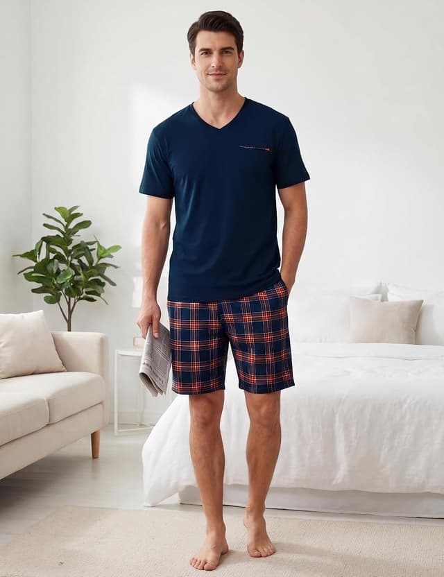 Detalle de Ensemble de pyjama homme court d’été Bresdk en coton (mélange 95% coton + 5% élasthanne)