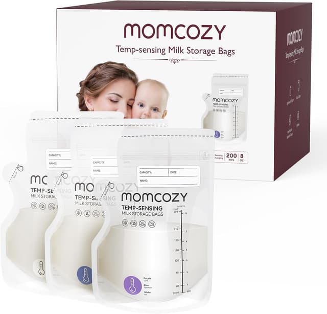 Detalle de Momcozy Easy Pour Breastmilk Storage Bags (250ml, 200-count) with temp-sensing colour change
