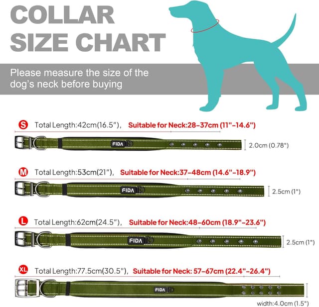 Detalle de Fida Padded Dog Collar with Metal Belt Buckle and Double-Layer Webbing (Green)