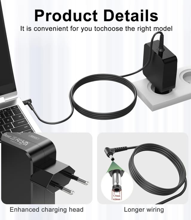 Detalle de Cluvox chargeur 65 W pour ordinateur Lenovo (20 V / 3,25 A) — connecteur 4,0 x 1,7 mm