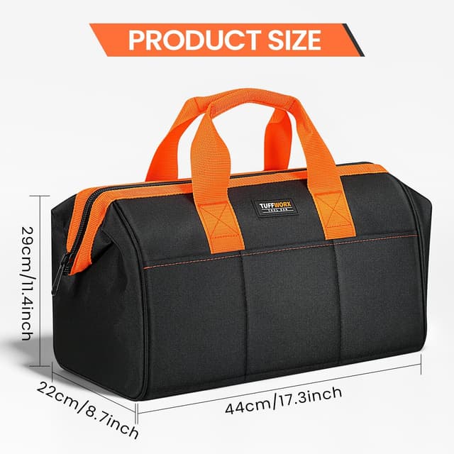 Detalle de TUFFWORX Wide Open Mouth Tool Bag (17 inch) – multi-pocket organiser with handle, black and orange