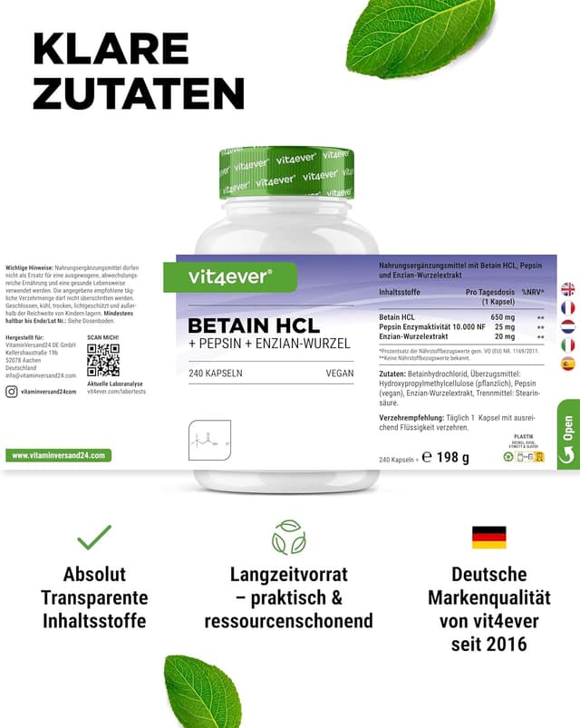 Detalle de Betain HCL – 240 Kapseln (695 mg) mit Pepsin & Enzianwurzel-Extrakt – vollspektrum Enzym-Kapseln