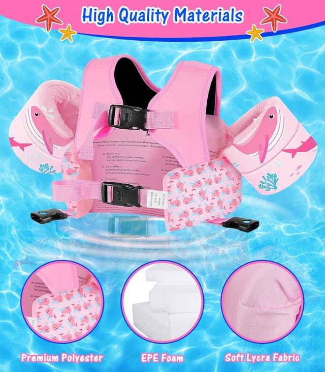 Detalle 1 de MoKo Swim Arm Floaties (15–30 lbs) Toddler Swim Vest for Kids with Crotch Strap and Whistle, Baby Pink Whale