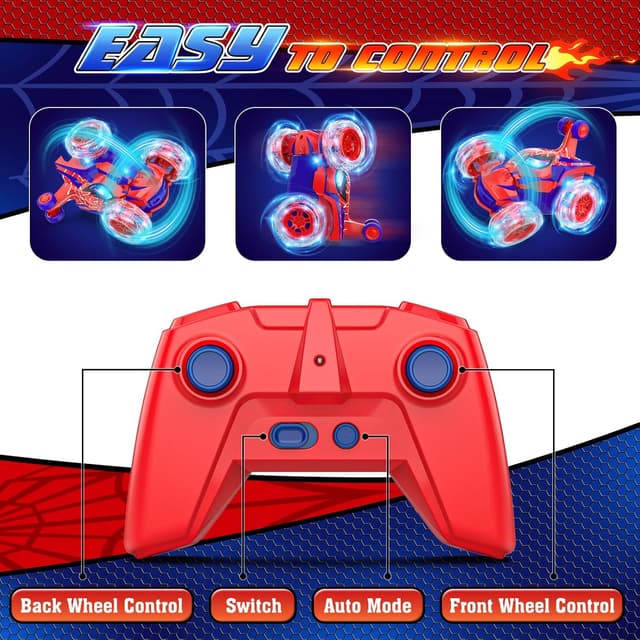 Detalle 2 de Mafbeanl Remote Control Spider Stunt RC Car (Red) — 360° Rotation, 2.4GHz Control, Rechargeable Wheel Lights