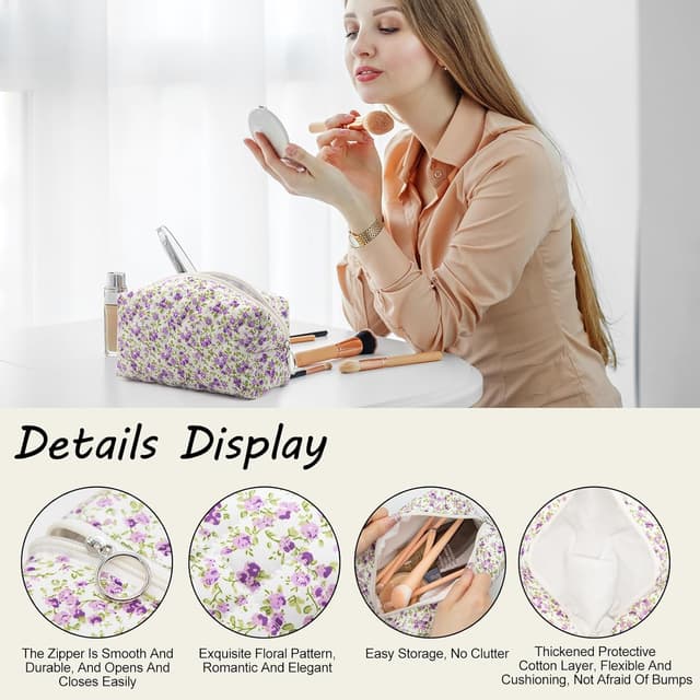 Detalle de Long Keeper Floral Small Makeup Bag (Purple) – 18 x 18 x 10 cm Cotton Cosmetic & Travel Toiletry Pouch