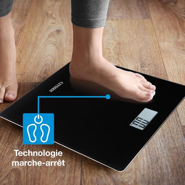 Detalle 2 de Citizen HMS324 : pèse-personne numérique haute précision ultra-fin en verre trempé, Step-On (noir)