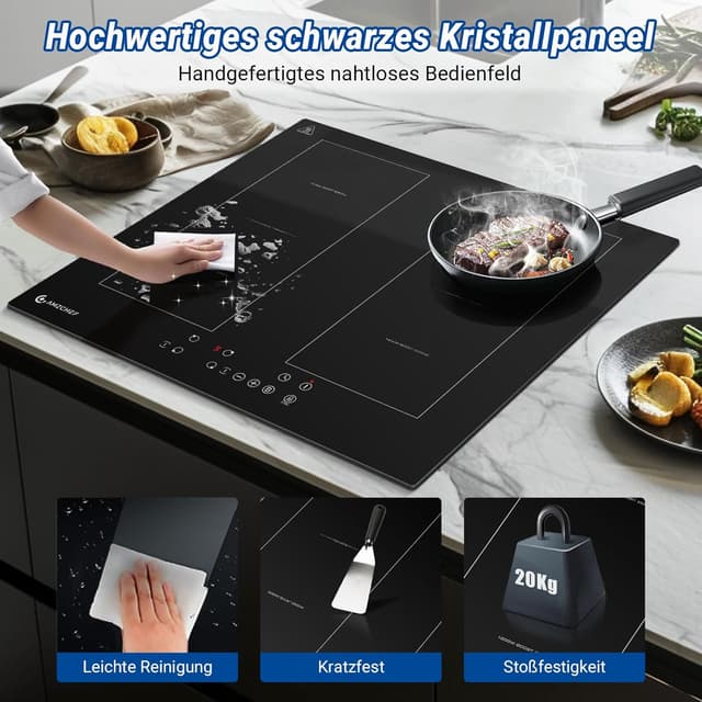Detalle 2 de AMZCHEF Induktionskochfeld 60 cm mit Zwei Flexzonen, 4 Zonen & Boost, Touch-Bedienung