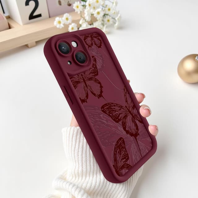 Detalle de FUXICASE iPhone 14 Case with Creative Butterfly Design (Burgundy Red Butterfly) — Soft Silicone & TPU Protection