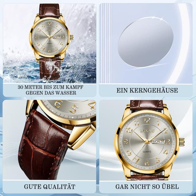 Detalle de Taxau Herren Quarzuhr mit Doppelkalender, Tag-Datum und 30 m wasserdichtem Lederarmband