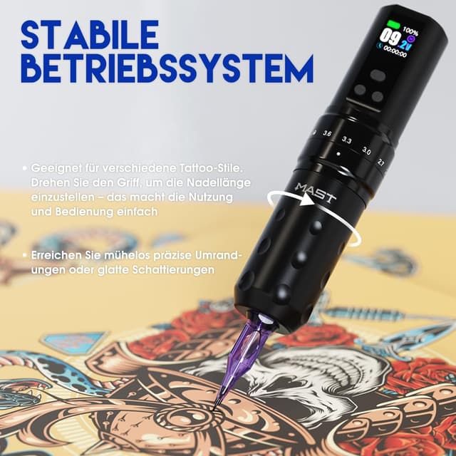Detalle de Mast Fold2 Pro Kabellose Tattoo Maschine Set (Rotary) – inkl. 2× 2000 mAh Akkus, RCA-Connect, Nadeln & schwarze Tinte – Gold