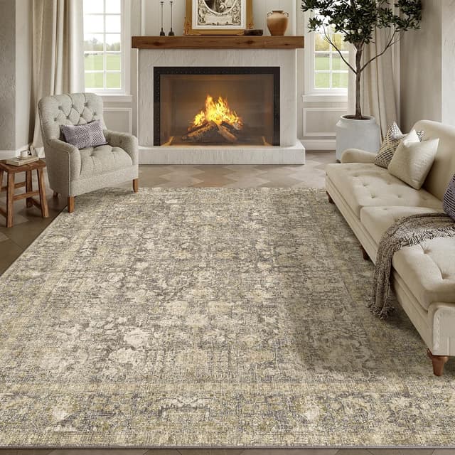 Detalle de HUGEAR Vintage brauner waschbarer Teppich (180x270 cm) mit Retro-Tribal-Muster – rutschfest und pflegeleicht