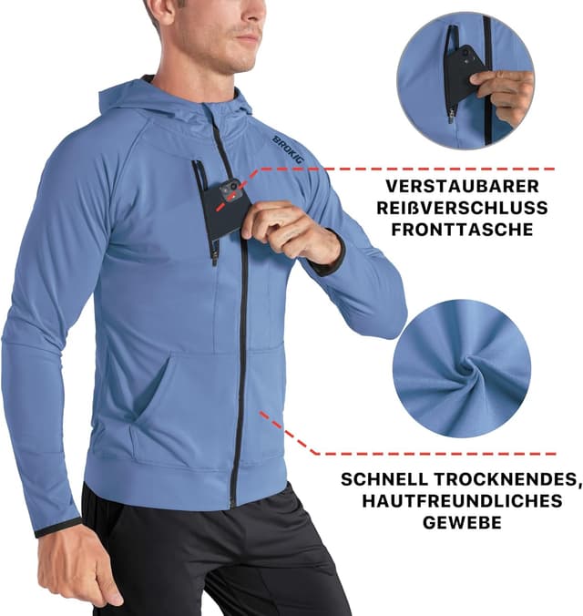 Detalle de BROKIG Leichte Hoodie Herren – schnelltrocknende Laufjacke mit Kapuze und Reißverschluss