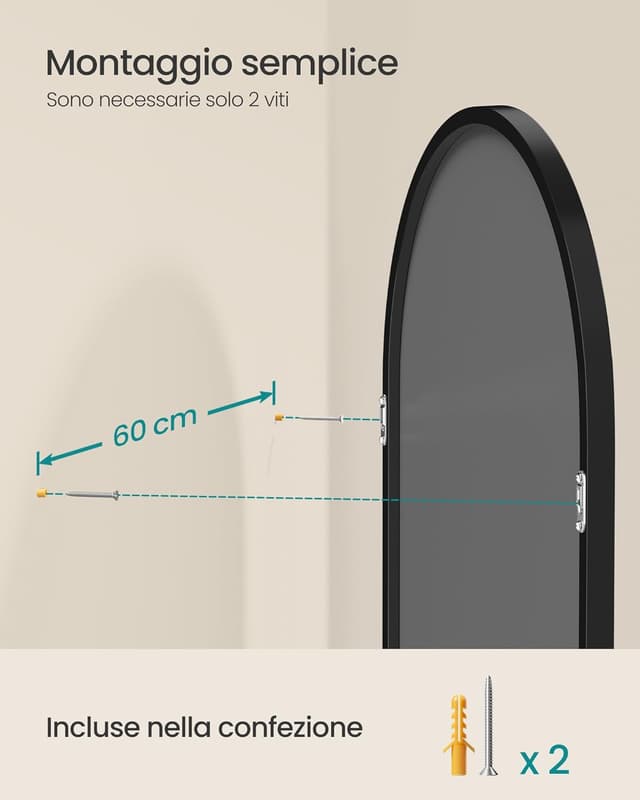 Detalle 2 de SONGMICS specchio da bagno a parete ad arco con cornice in alluminio LWM011BD01, 91 x 61 cm nero inchiostro