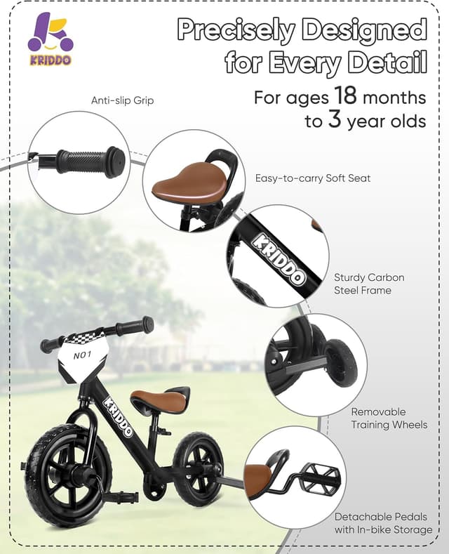 Detalle de KRIDDO 2-in-1 Kids Tricycle and Toddler Balance Bike (18 Months–3 Years) with Detachable Pedals and Stowable Training Wheels, Black