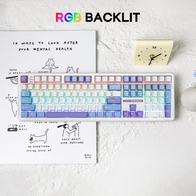 Detalle de EPOMAKER Aula F108 Wireless Gaming Keyboard (Full Size, Hot-Swappable) with 4000mAh Battery, 108 Keys, White & Blue