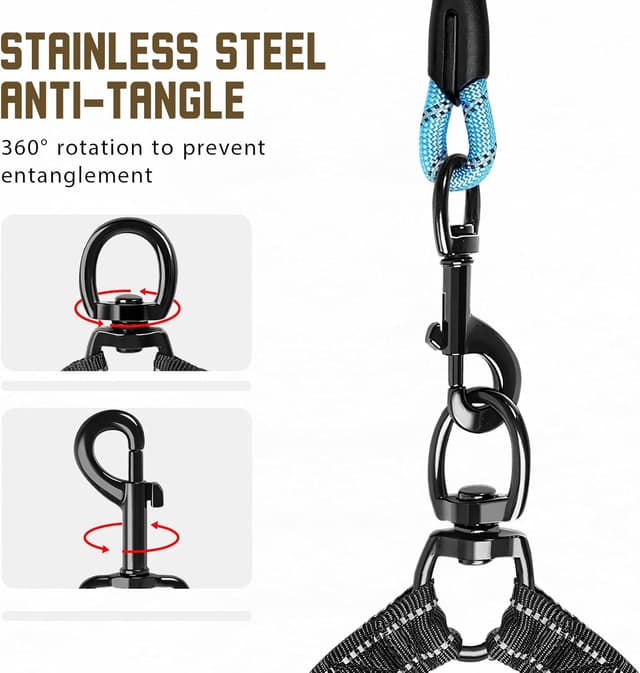 Detalle 2 de Blanlody Double Dog Lead (No Tangle) with Reflective Bungee, 360° Swivel, Padded Handles & Waste Bags