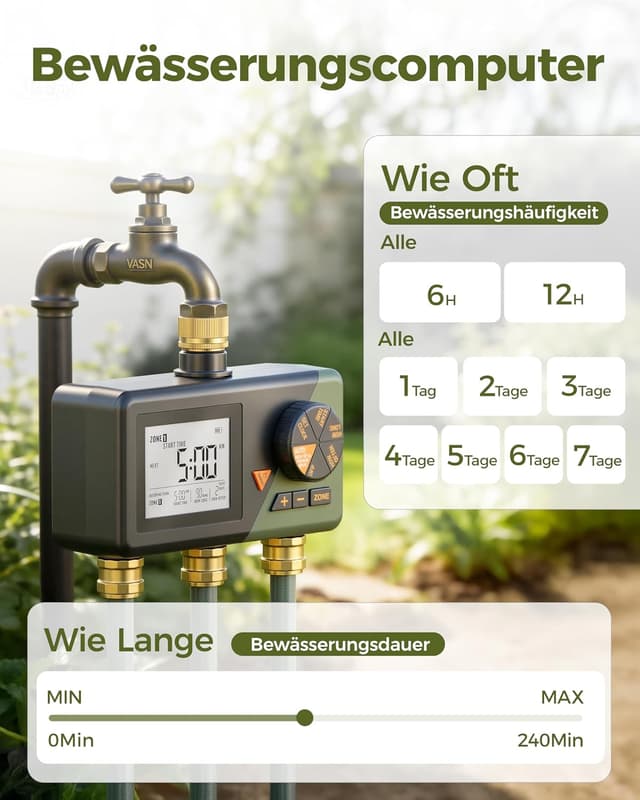 Detalle de Diivoo Bewässerungscomputer mit 3 Ausgängen, Messinganschlüssen und großem LCD-Display