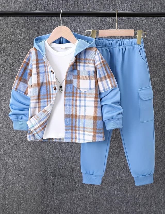 Thumbnail 6 de Fdqin Kids Flannel Plaid Shirt and Sweatpants Set 4-12