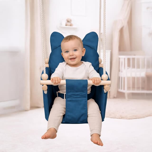 Detalle de Balançoire intérieure MAMOI avec ceinture de sécurité, hauteur réglable 150–190 cm et siège en velours